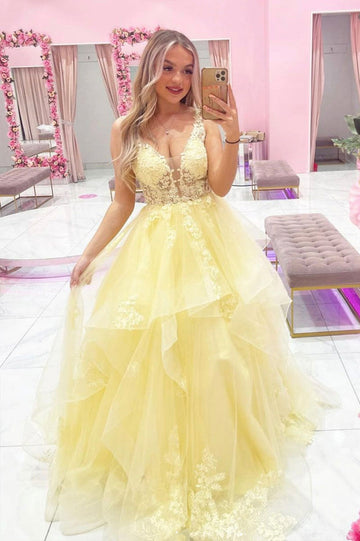 Yellow tulle lace long prom dress A line evening gown HZ1023